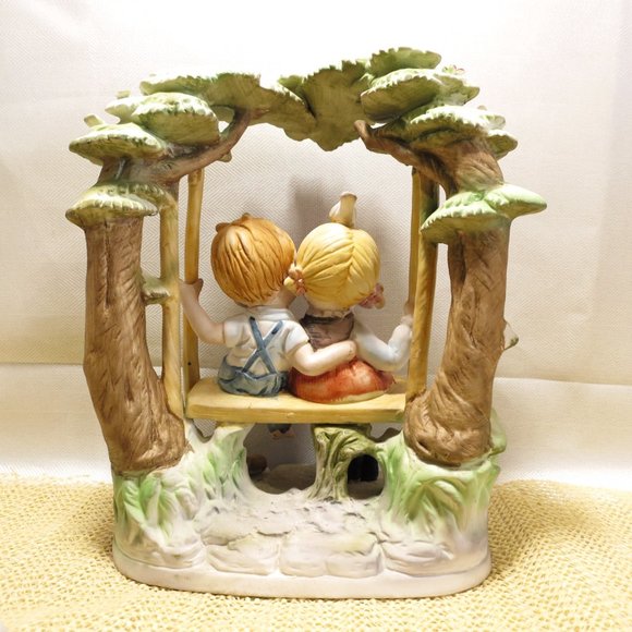 Figurine Boy and Girl Friends on Swing ESD Japan Porcelain Bisque - Picture 2 of 4